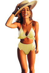 Yellow Plaid Ruffle Trim Triangle Bikini Set