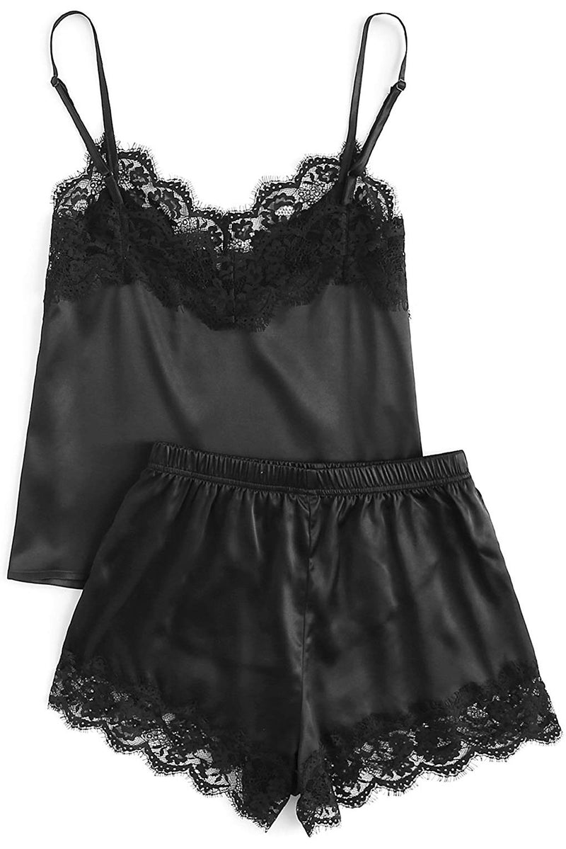 Black Lace Satin Sleepwear Cami Top and Shorts Pajama Set